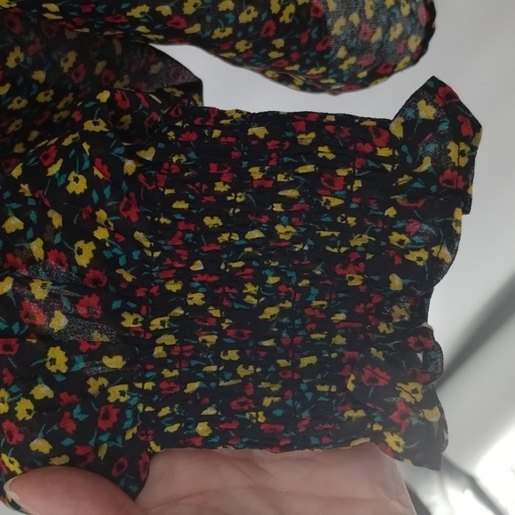 GAP blouse top sheer tiny floral black print large mock stretch collar f… - Picture 6 of 8